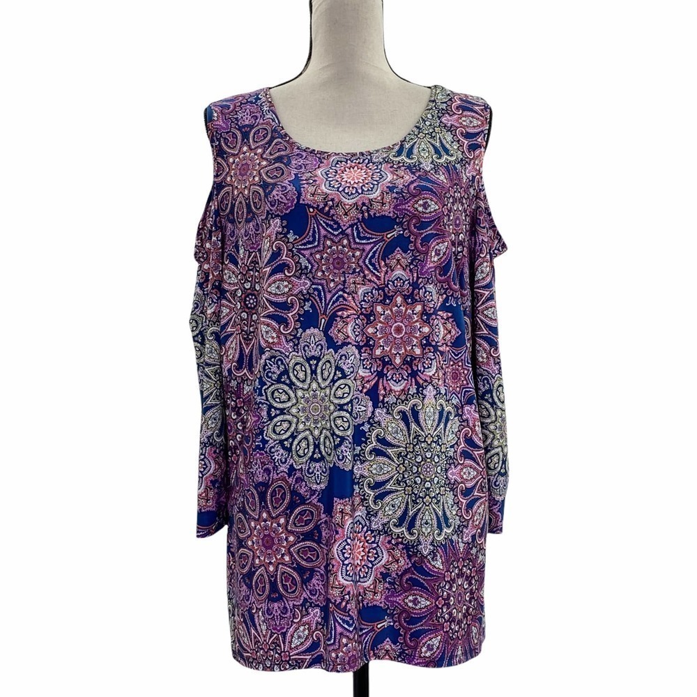 TACERA Multicolored Mandala Print 3/4 Sleeve Cold Shoulder Blouse